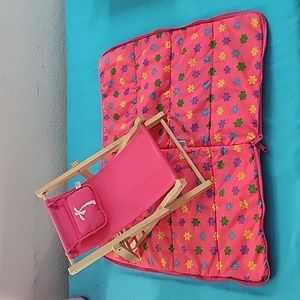 Build-A-Bear Pink Toy Folding Adj Lounge, Beach, Deck Chair & Reversible Blanket